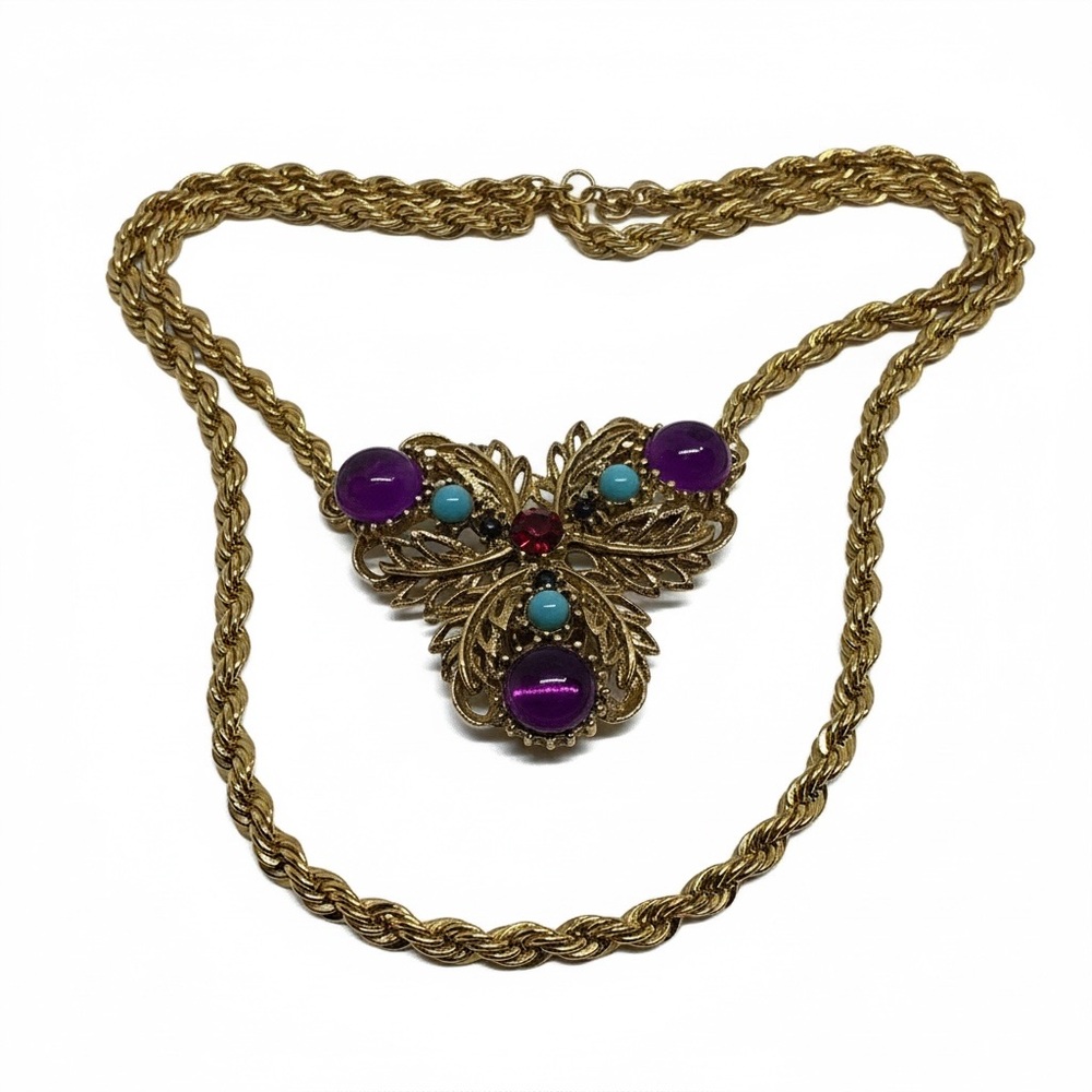 Vintage Monet Gold Tone Rope Chain Necklace Vintage Ornate Single Clip Earring